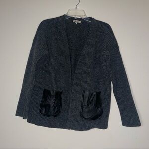 Madewell Marino Wool Charcoal Grey Faux Leather Black Front Pocket M Cardigan